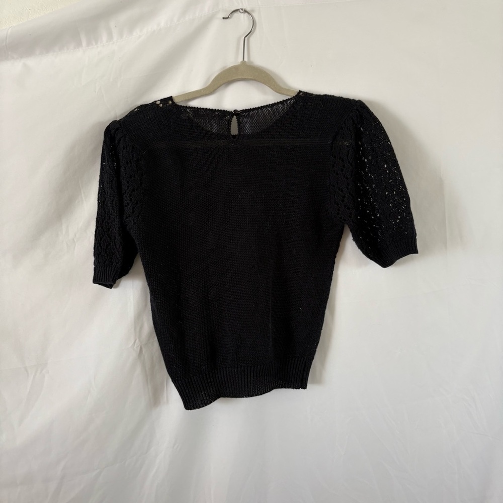 Vintage 80s black knit blouse pearl detailing small medium puff sleeve top - Picture 5 of 5